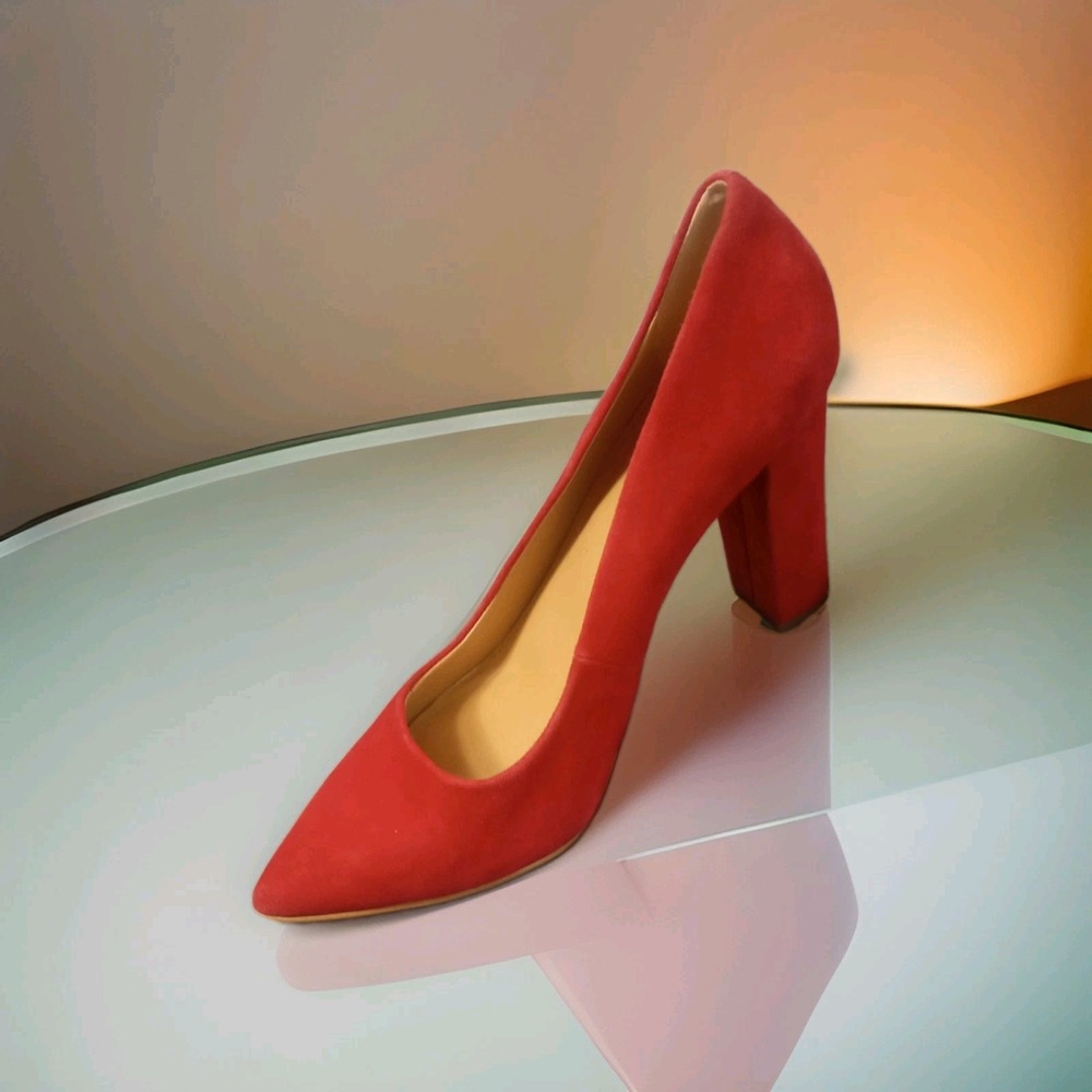 J. Crew Statement Almond Toe Block High Heels  Etta Red Suede Pumps  7.5 Leather